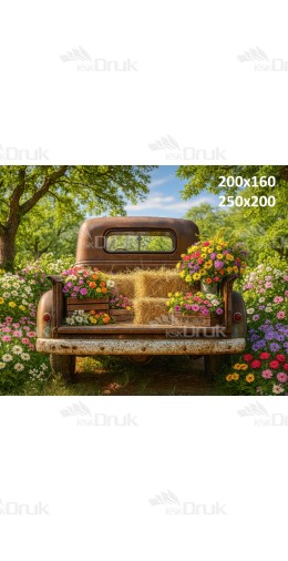 Tło fotograficzne „Rustykalny pickup w letnim ogrodzie” | E_733